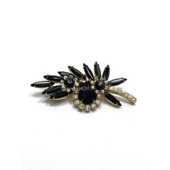 JULIANA D&E Navette Black-Clear Rhinestone Flower Brooch Vintage Estates